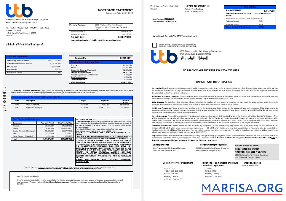 Printable Thailand TMBThanachart Bank mortgage statement in Word and PDF formats 1 2 example